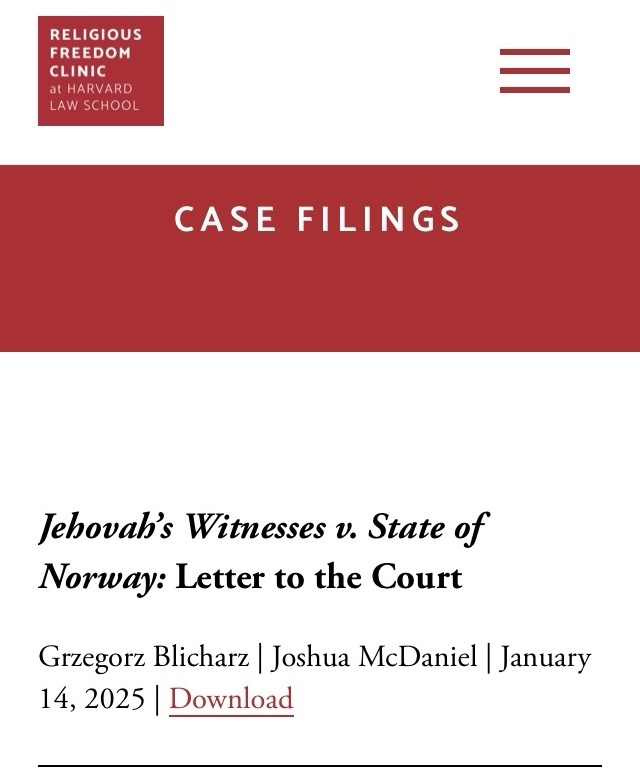Jehovah’s Witnesses v. State of Norway: Letter to the Court